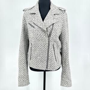Herringbone Wool Tweed Moto Jacket Warm Textured Black White Women’s M Tall